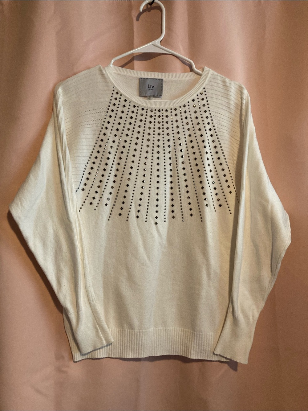LIV Cream Crewneck Sweater with Radiant Stud Detail